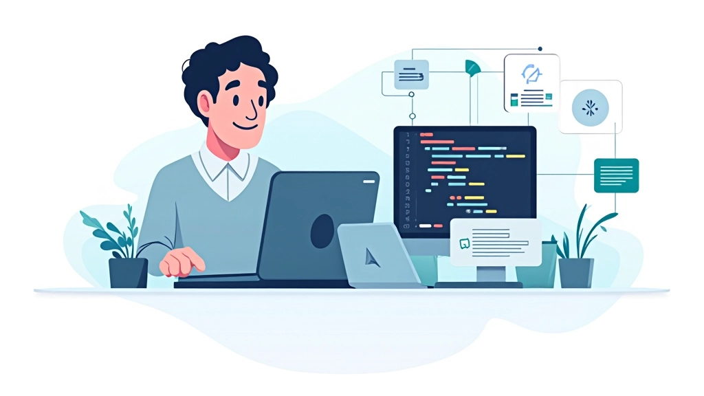 Git workflow diagramma ar zariem, kuri sazarojas un atkal apvienojas, datorekrānā ar zaļajiem koda skaitļiem