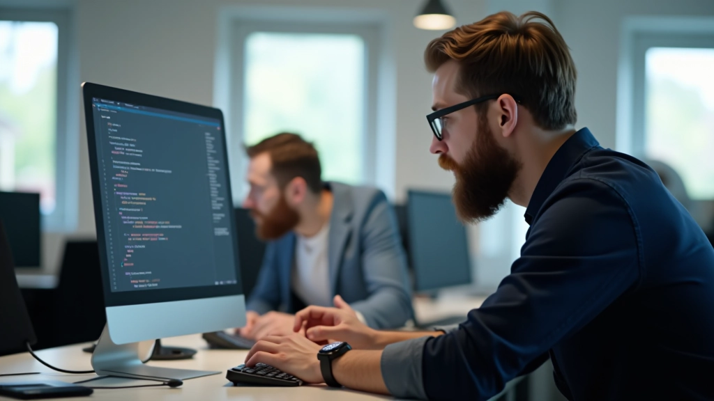 Divi programmatūras izstrādātāji sēž pie datora ekrāna, diskutējot par koda izmaiņām un repozitorija struktūru